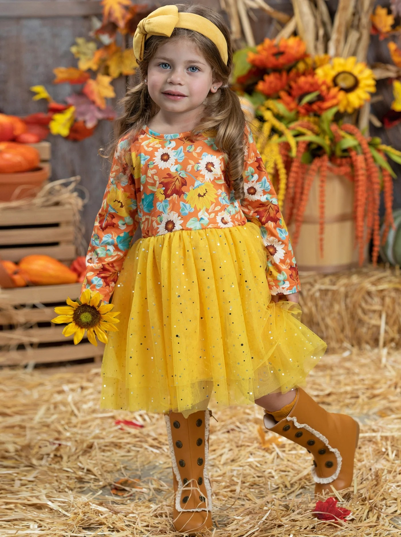 Pre-order girls long sleeve fall leaves tulle dress