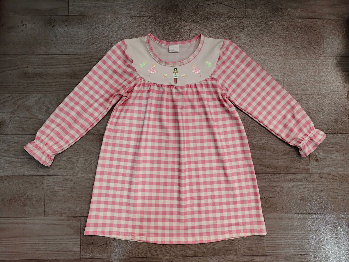Christmas soldier pink plaid long sleeve embroidery dress preorder