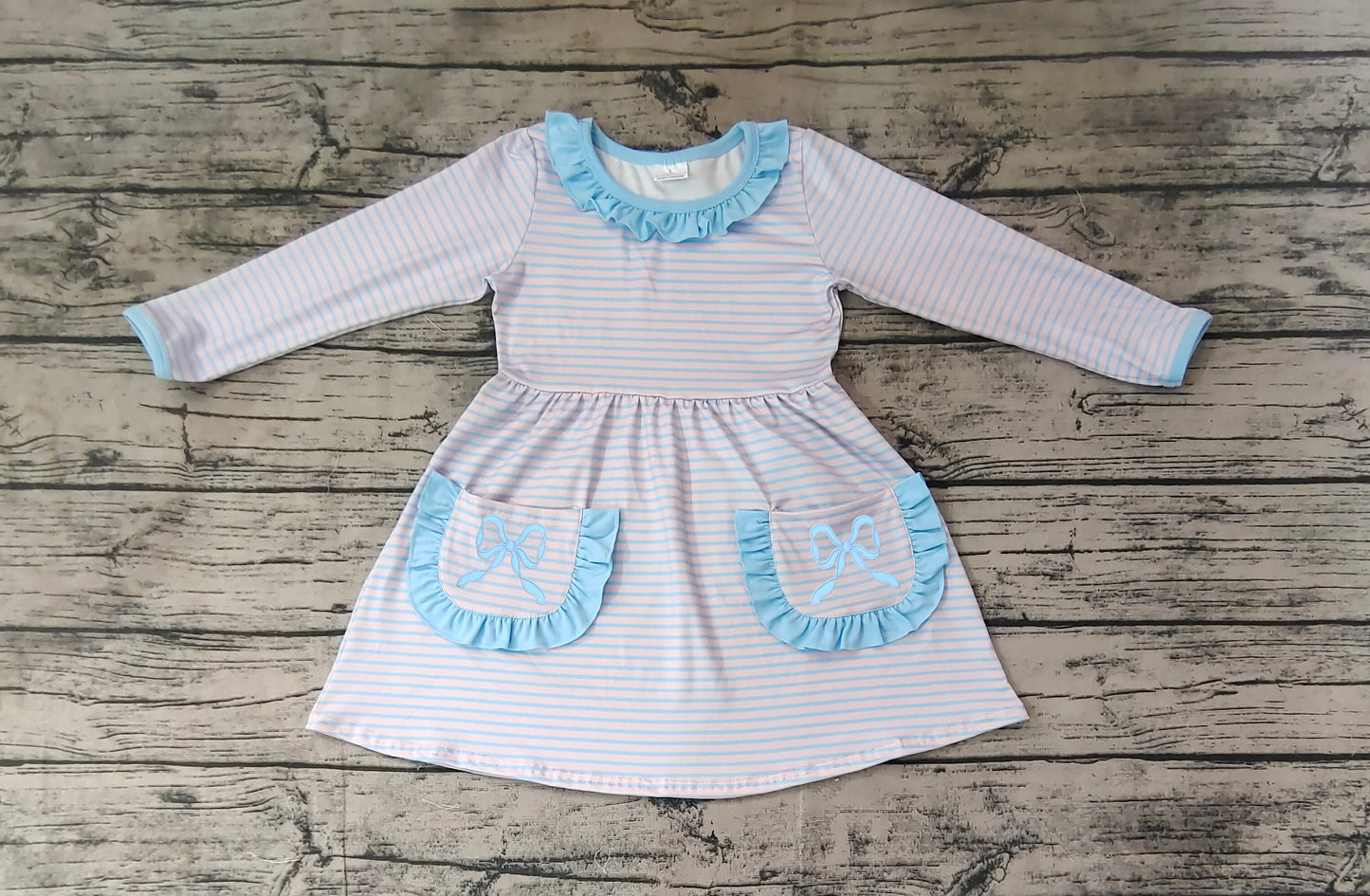 wholesale kids girls embroidery blue bow pocket dress preorder