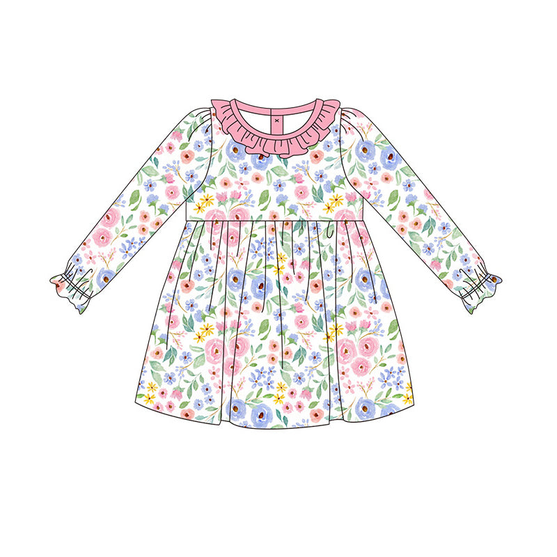 wholesale kids girls blue pink floral long sleeve boutique dress preorder