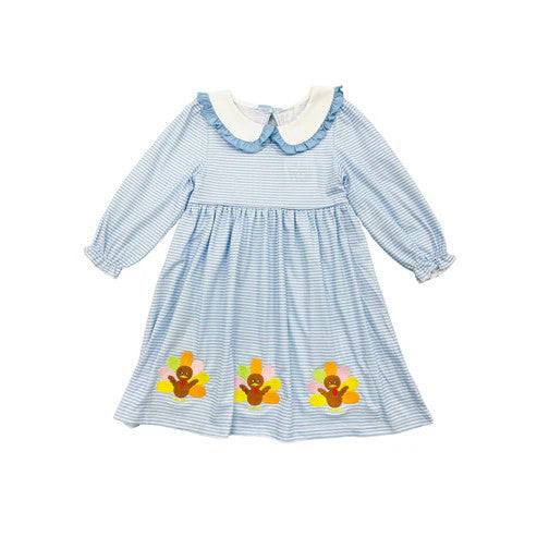 Thanksgiving turkey blue stripes girls wholesale dress preorder