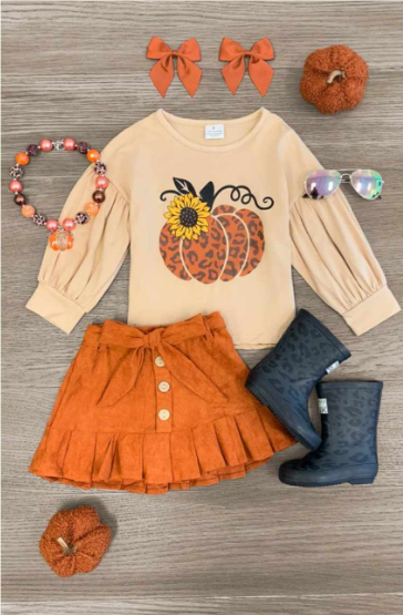 Cheetah pumpkin long sleeve top matching skirt fall winter clothes preorder
