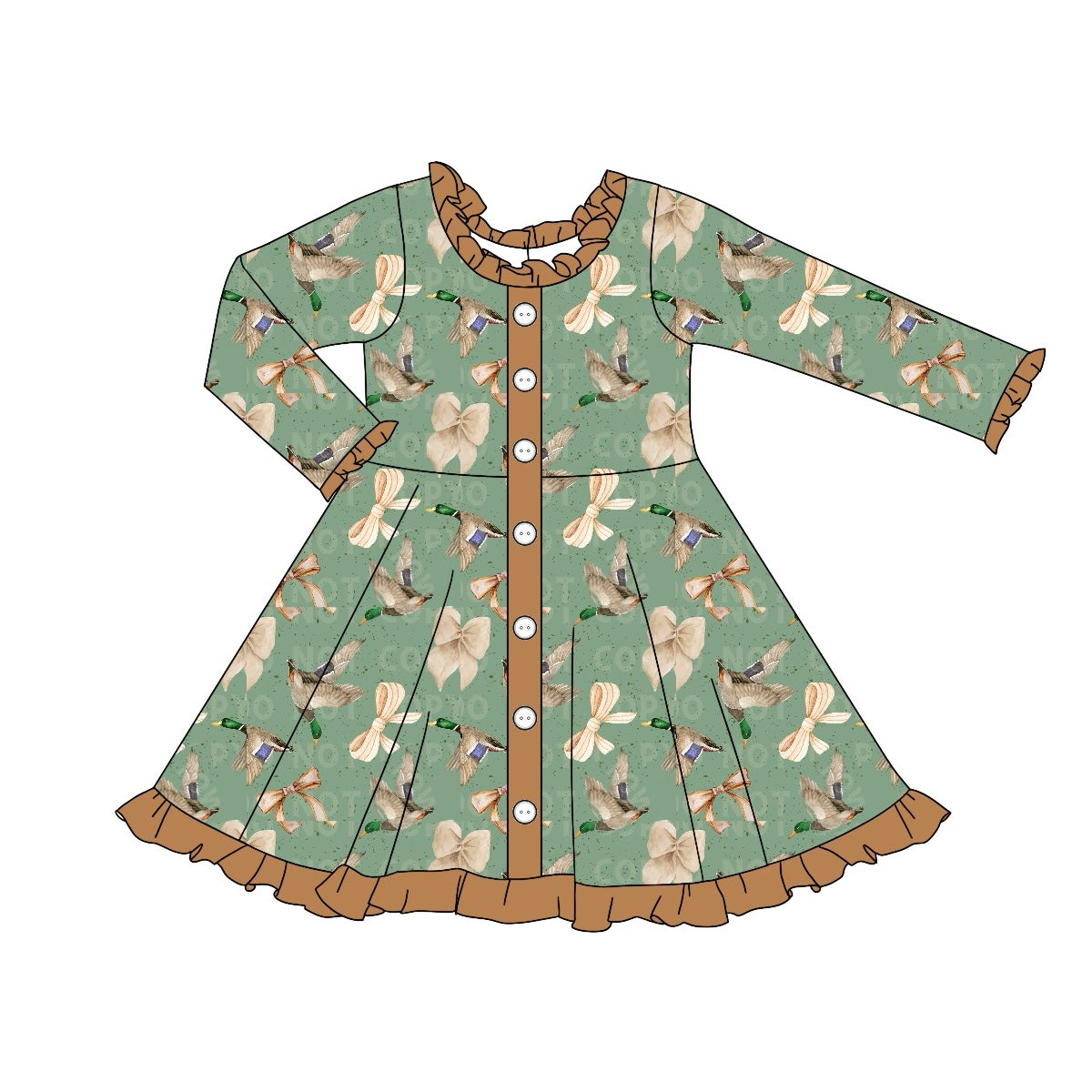 Mallard Duck Bow Design Long Sleeve Dress Preorder