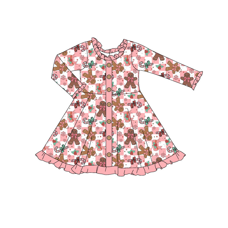 Toddle baby girl Christmas gingerbread pink checkered long sleeve dress preorder