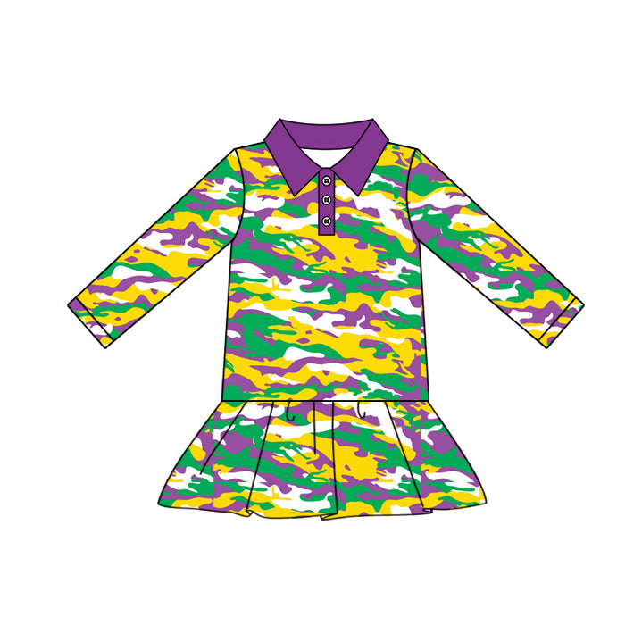Toddle baby girls Mardi Gras green purple yellow camo dress preorder