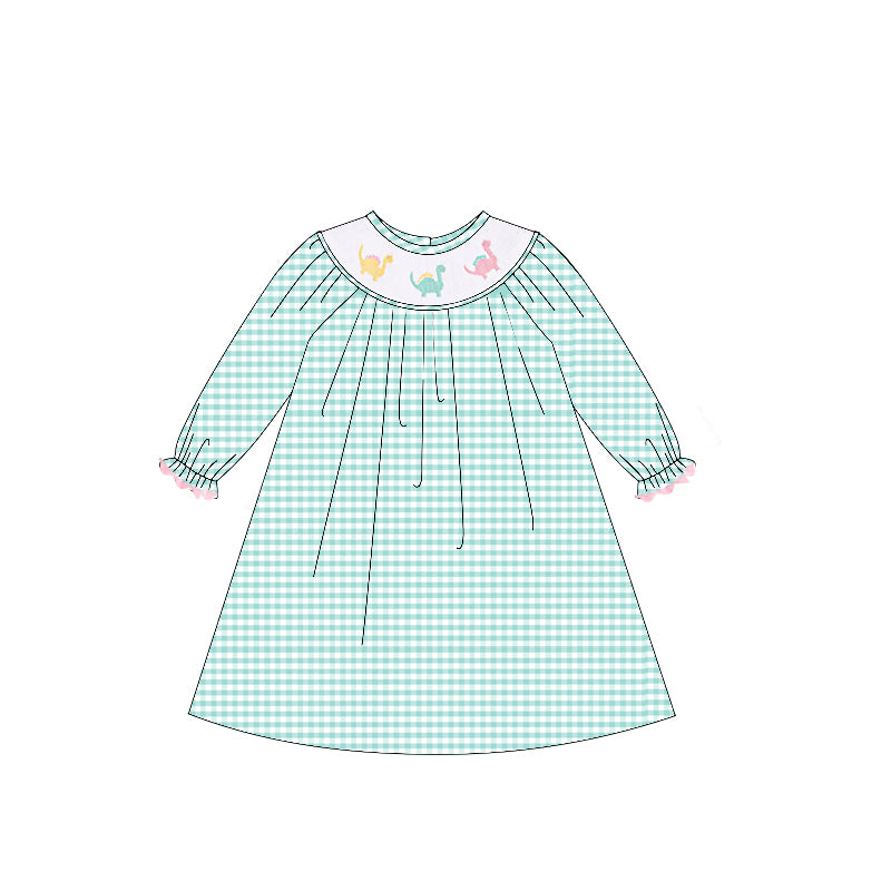 Toddle girls dinosaur smocked green plaid long sleeve dress preorder