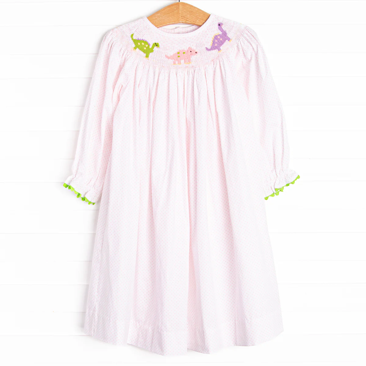 Toddle girls dinosaur smocked pink plaid long sleeve dress preorder