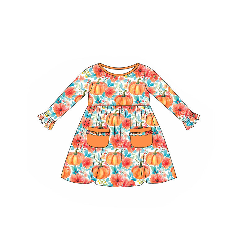 Toddle girls orange pumpkins floral long sleeve dress preorder