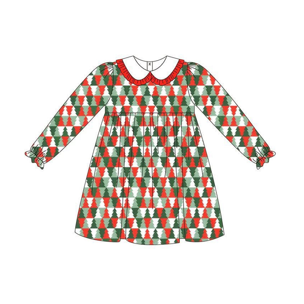 Baby girls Christmas red green tree long sleeve dress preorder