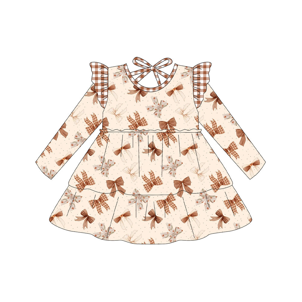 Brown bow girls long sleeve boutique dress preorder