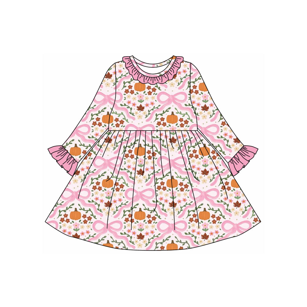 Pumpkin pink bow floral girls long sleeve boutique dress preorder