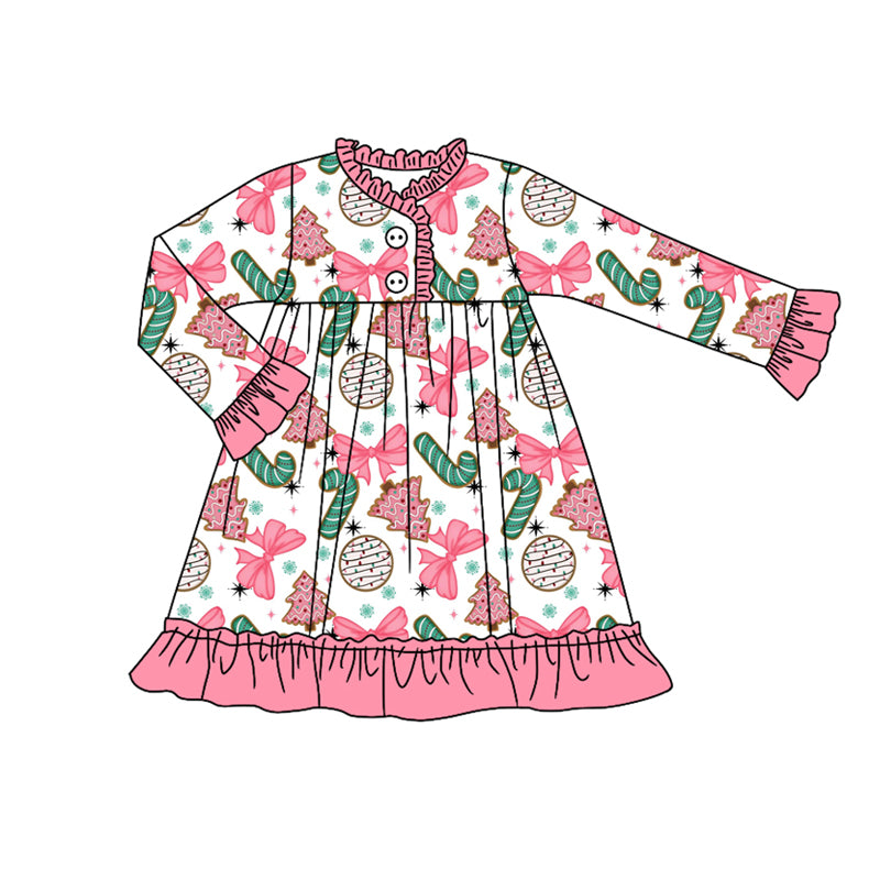 Christmas candy cane bow girls long sleeve gown dress preorder