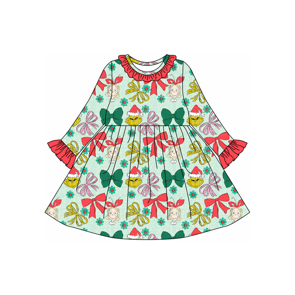 Toddle girls Christmas green face bow design dress preorder