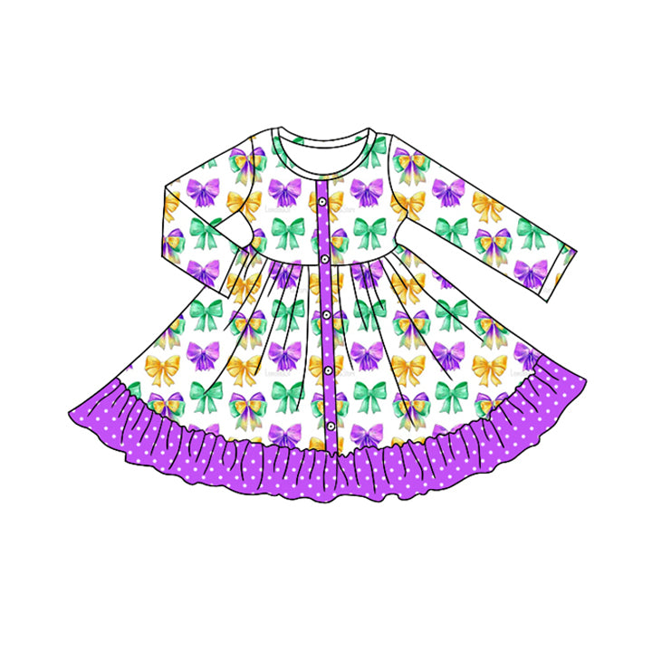 Mardi Gras bow girls long sleeve dress preorder