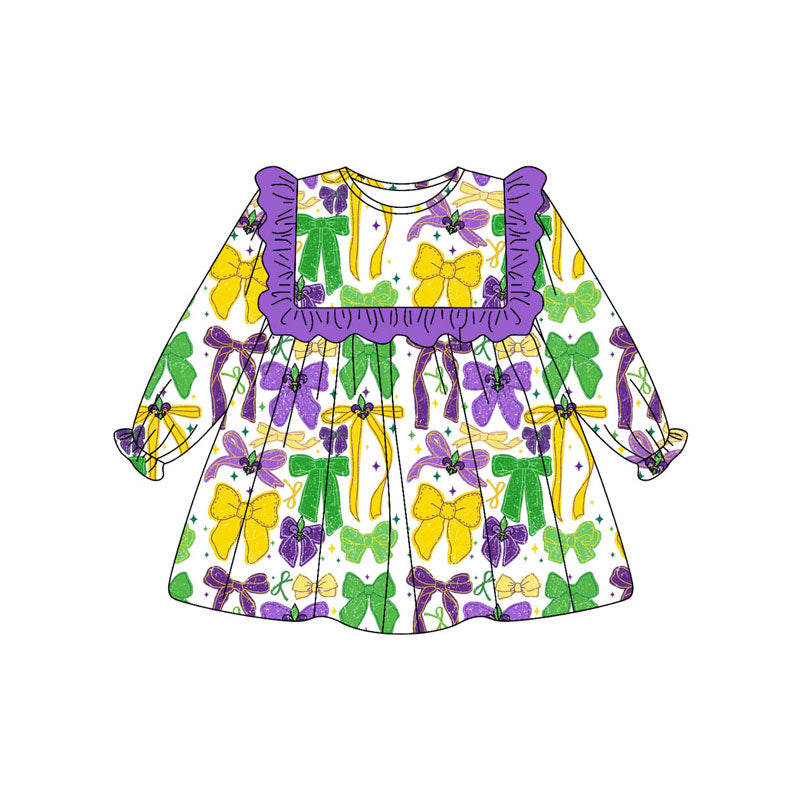 Mardi Gras bow girls long sleeve dress preorder