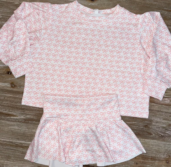 Pink bow long sleeve top matching shorts girls spring fall yoga outfit preorder
