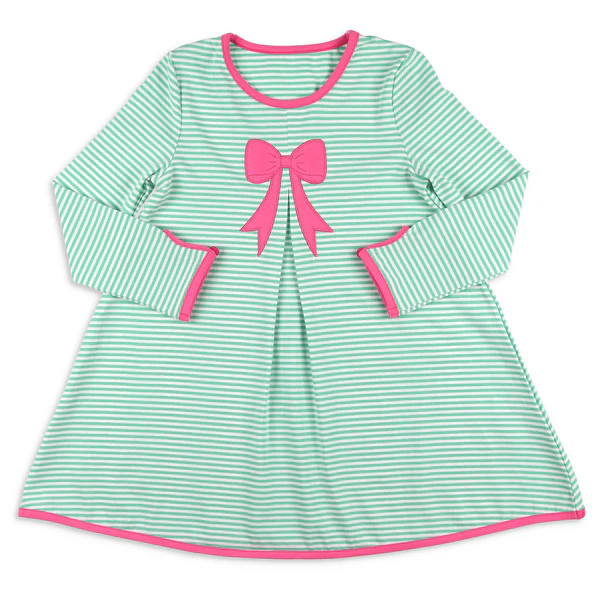 Green stripes pink bow baby girl long sleeve dress preorder