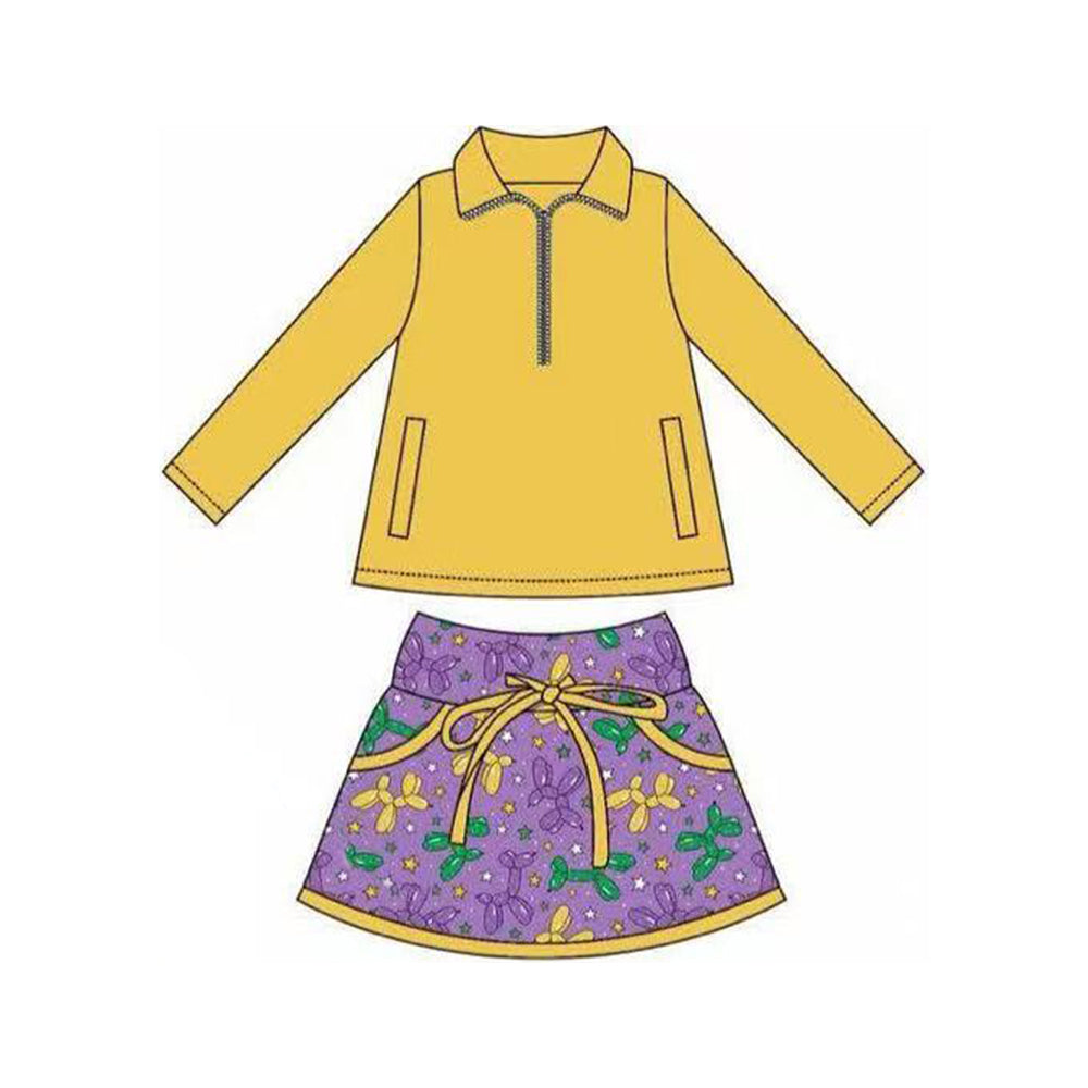 Yellow pullover matching skirt Mardi Gras long sleeve outfit preorder