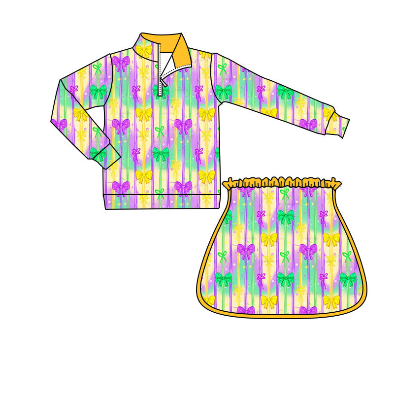 Mardi Gras bow yoga top matching shorts girls long sleeve outfit preorder