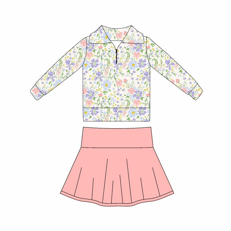 Lavender blue pink floral yoga pullover matching skirts girls outfit preorder