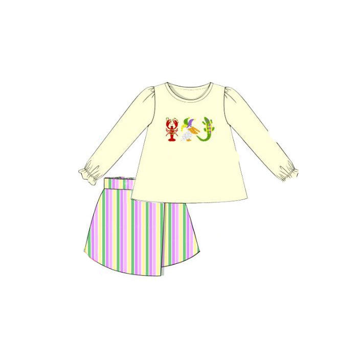 Mardi Gras design short sleeve top matching skirt baby girl outfit preorder