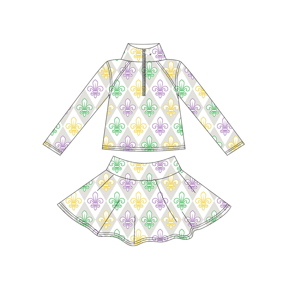 Mardi Gras yoga pullover matching skirts girls outfit preorder