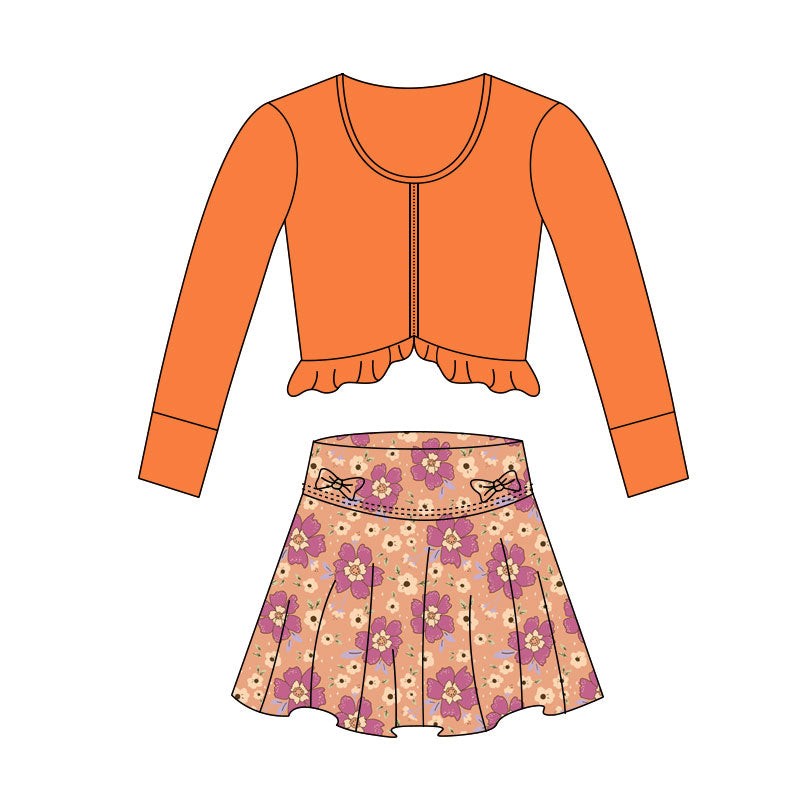 Orange long sleeve yoga top matching flowers skirts girls outfit preorder
