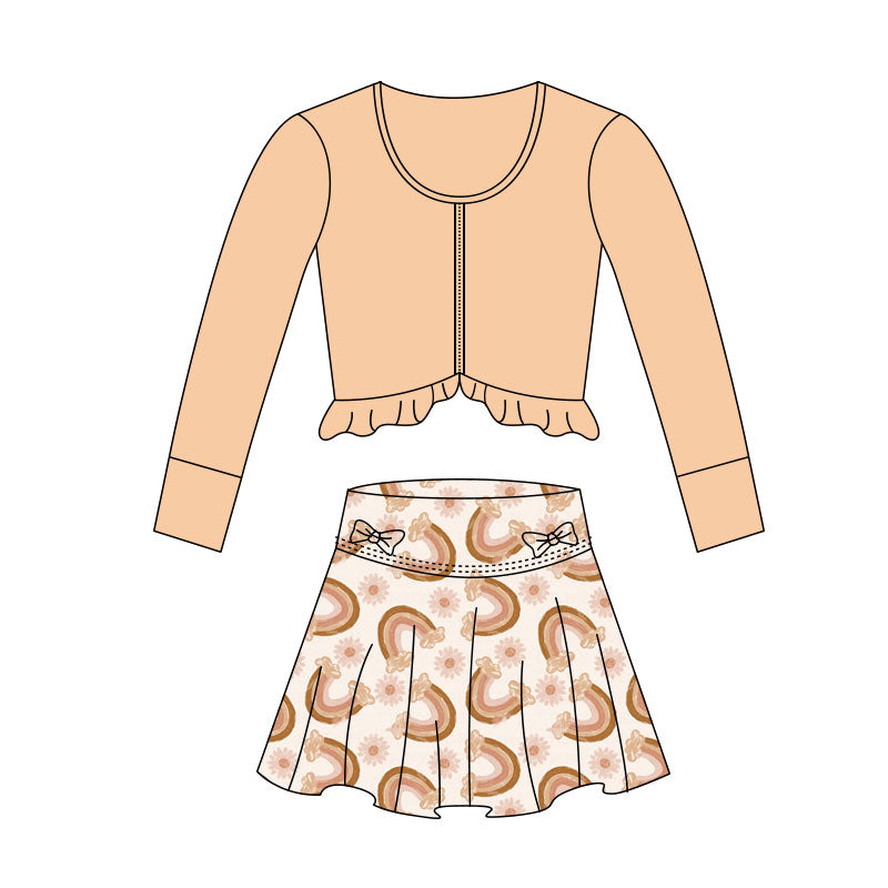 Khaki long sleeve yoga top matching rainbow skirts girls outfit preorder