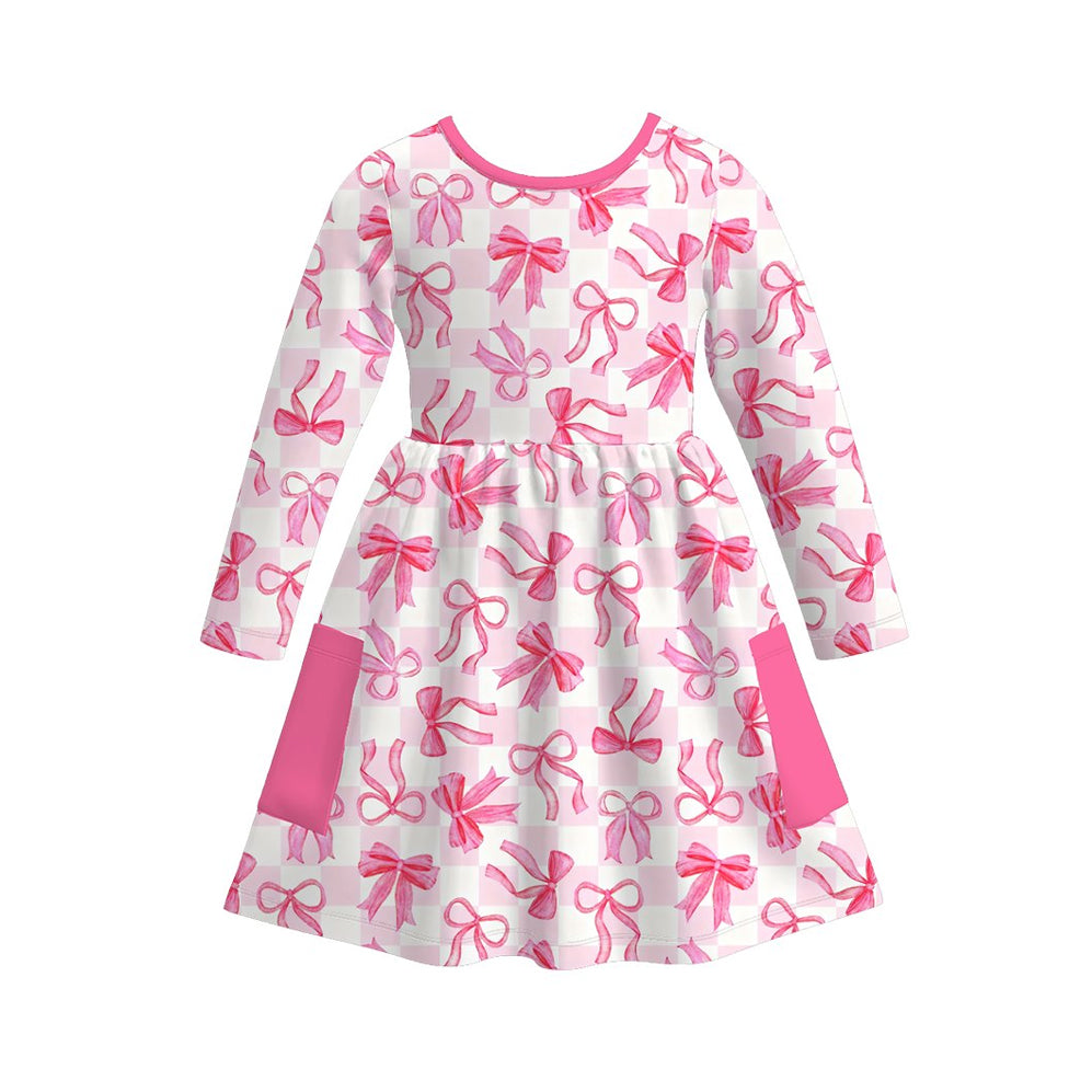 Pink bow girls long sleeve pocket dress preorder