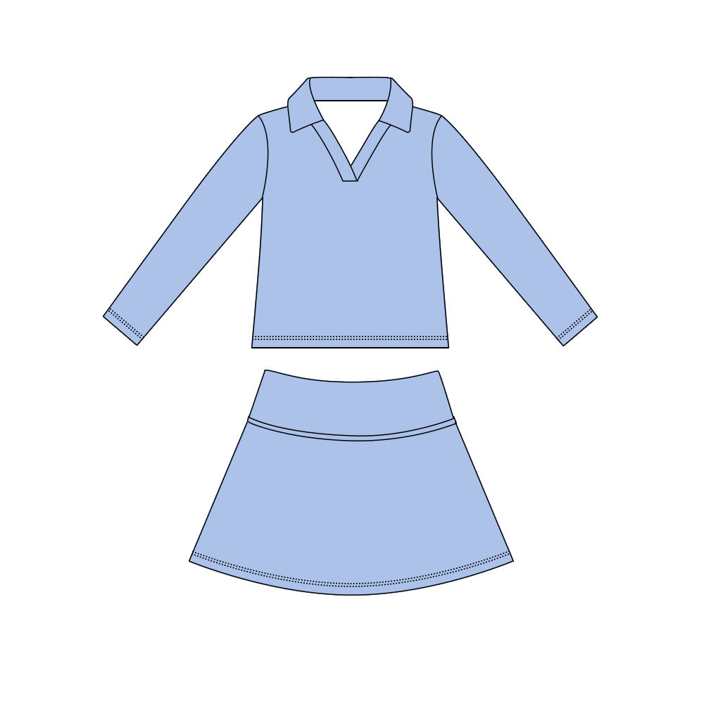 Blue long sleeve yoga top matching skorts girls spring fall outfit preorder