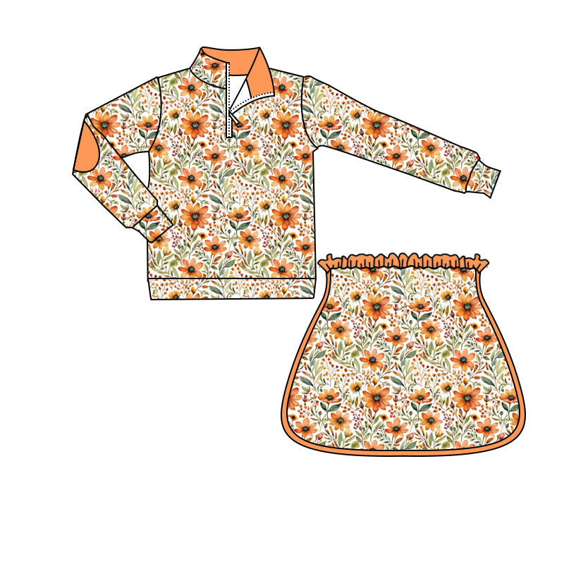 Orange flowers long sleeve pullover top matching skorts girls outfit preorder