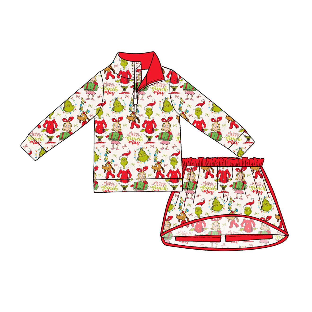 Christmas greenface pullover matching skort girls long sleeve outfit preorder