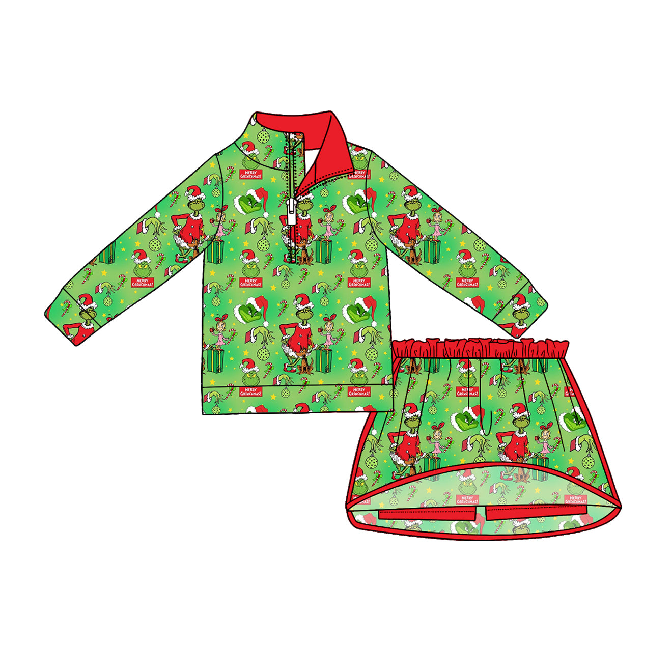 Christmas greenface pullover matching skort girls long sleeve outfit preorder