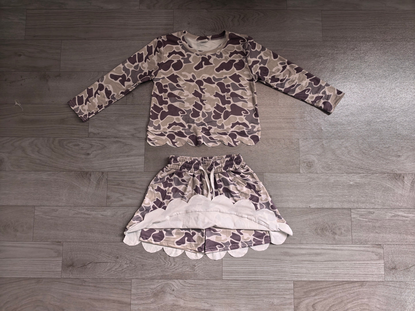 Dark grey camo top matching skorts girls summer outfit preorder