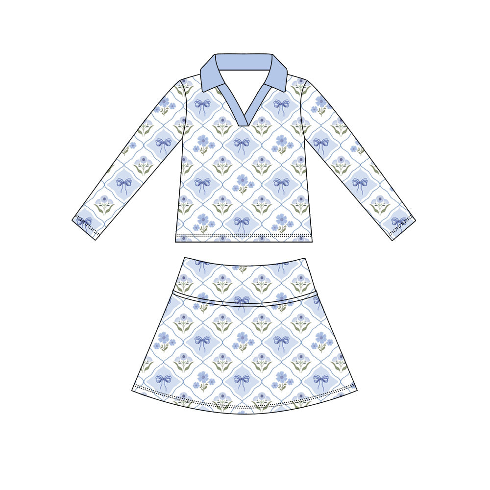 Blue flowers long sleeve yoga top matching skorts girls spring fall outfit preorder