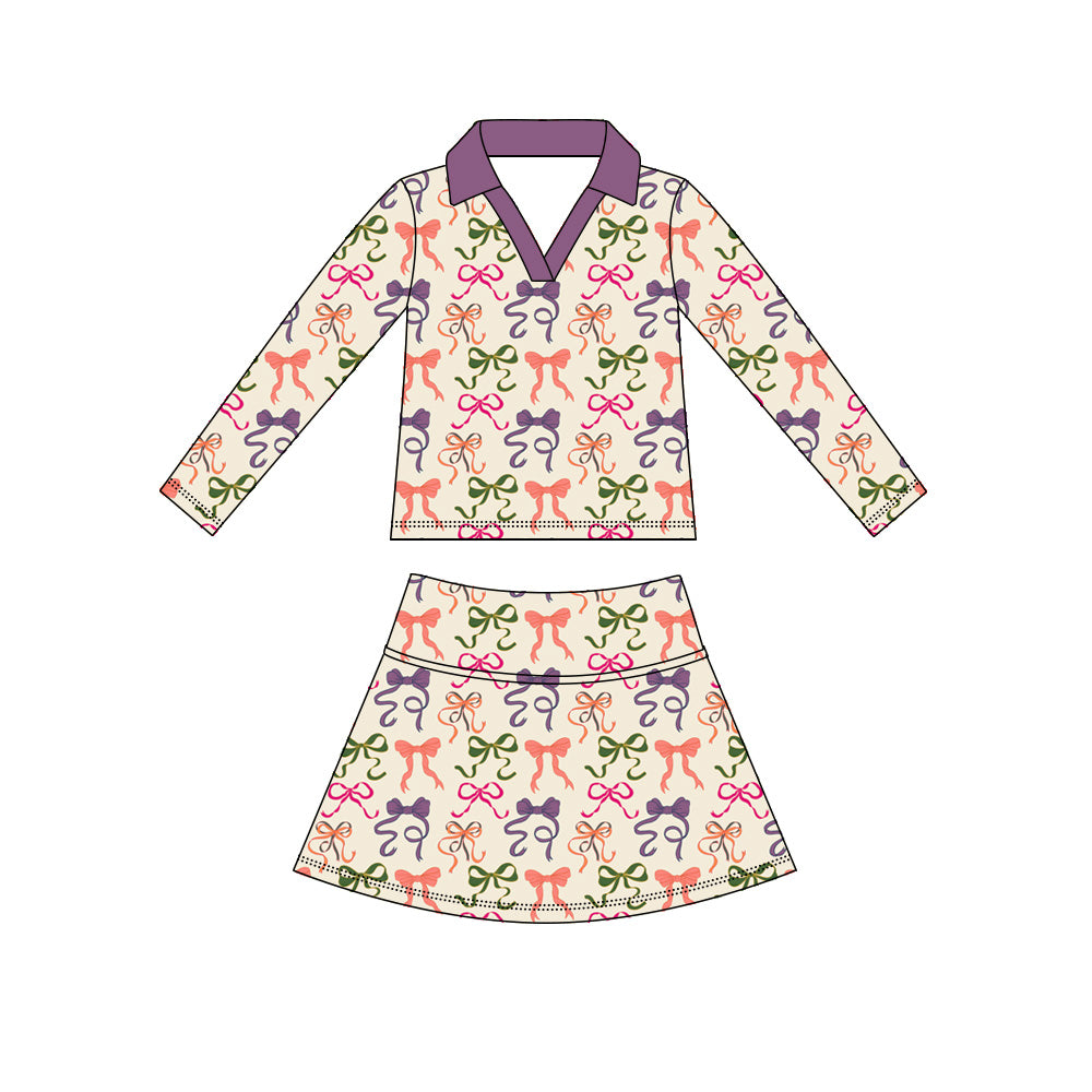 Colorful bow long sleeve yoga top matching skorts girls spring fall outfit preorder
