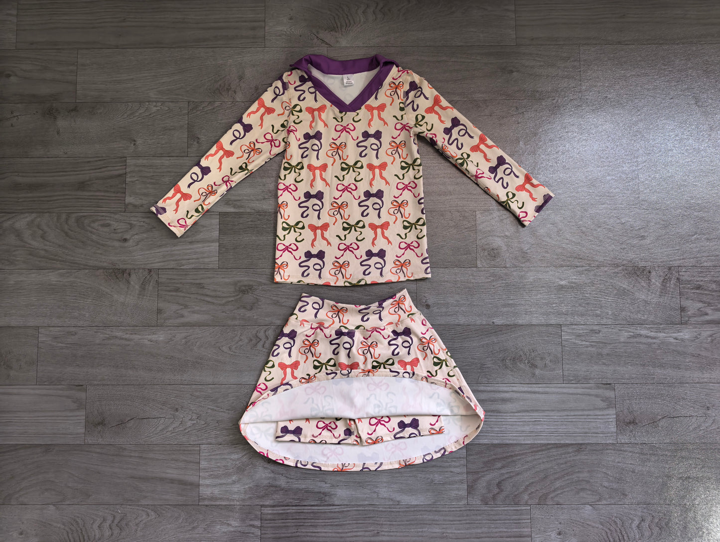 Colorful bow long sleeve yoga top matching skorts girls spring fall outfit preorder