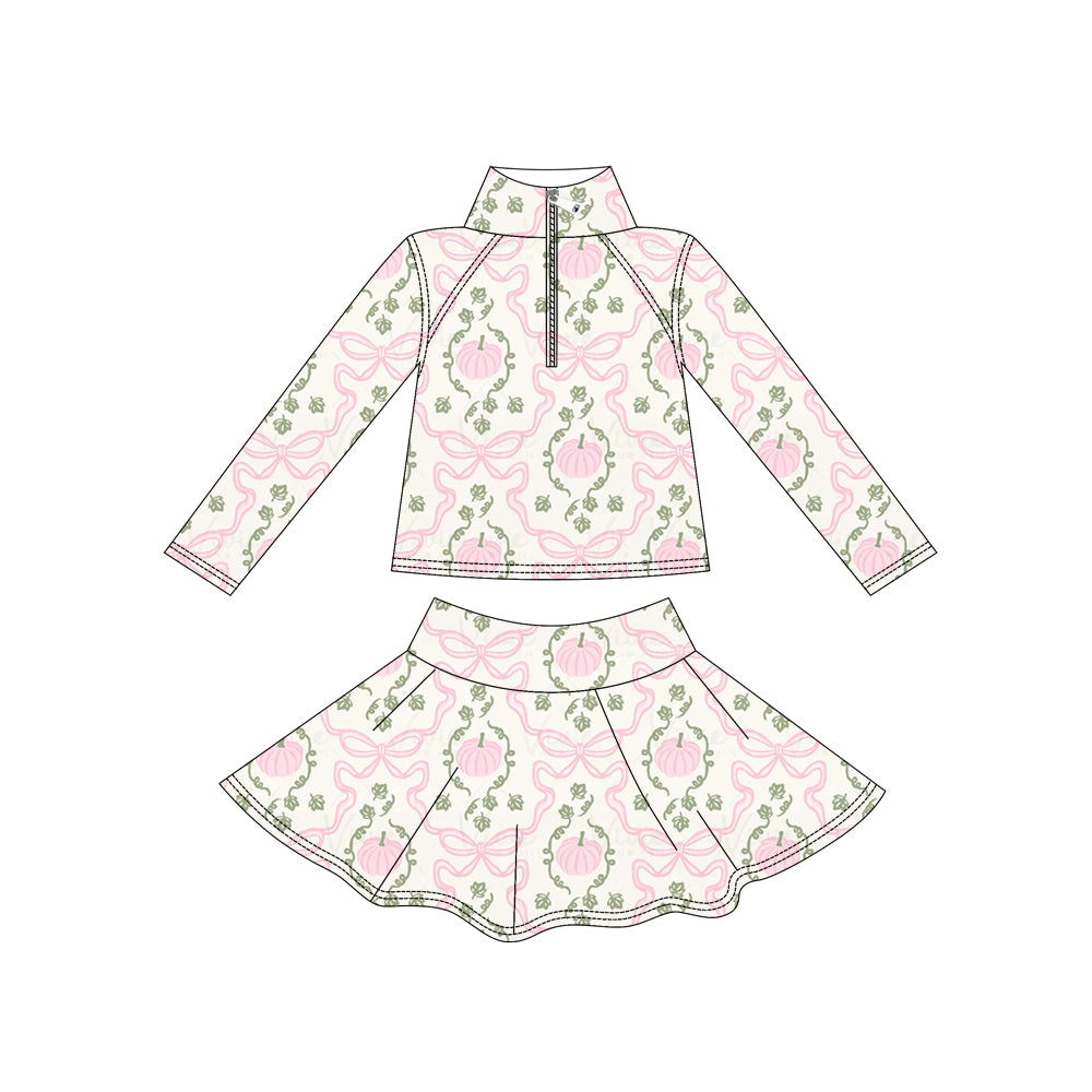 Pink pumpkin bow long sleeve pullover top matching skorts girls outfit preorder