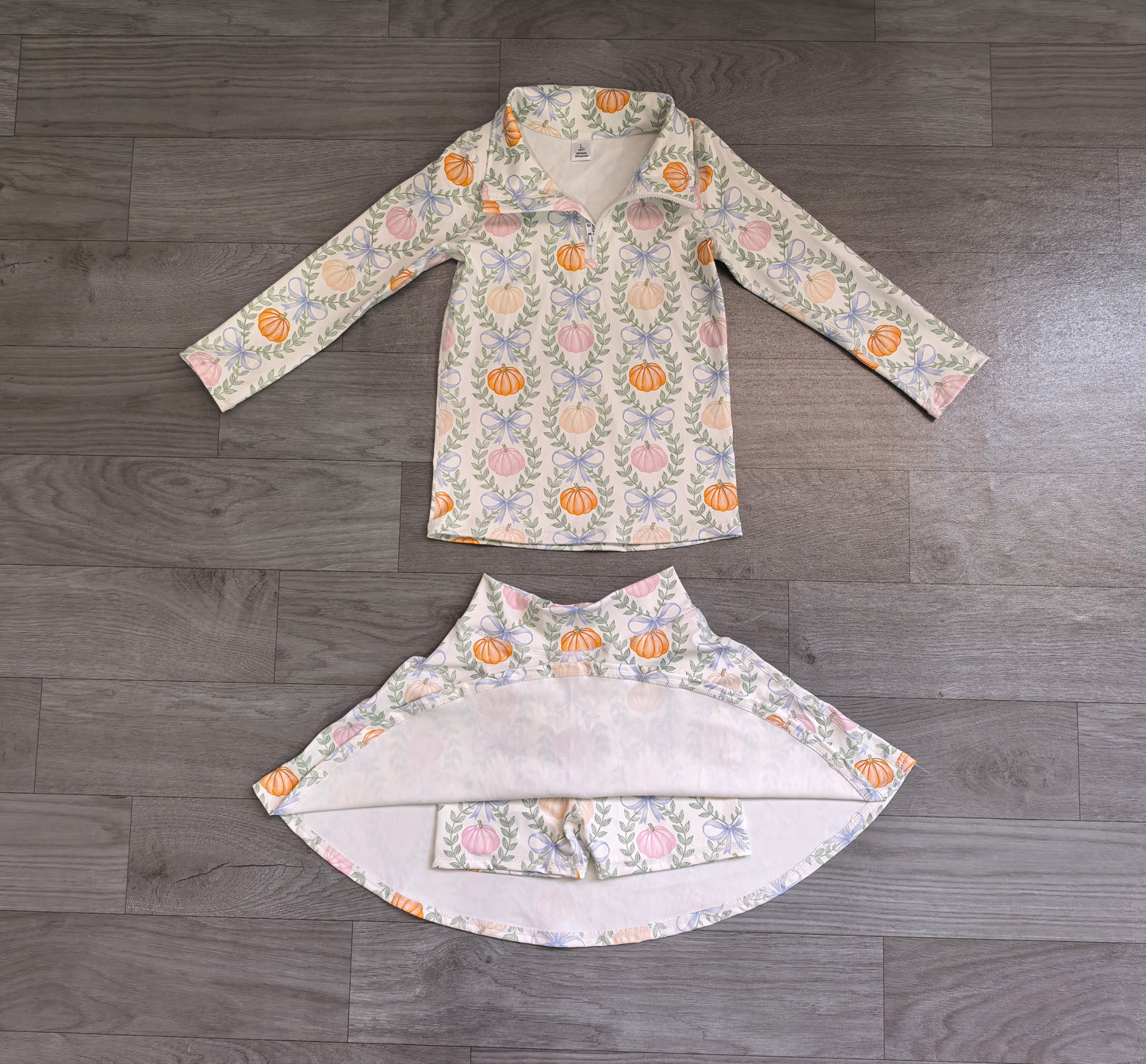 Fall pumpkin long sleeve pullover yoga top matching skorts girls outfit preorder