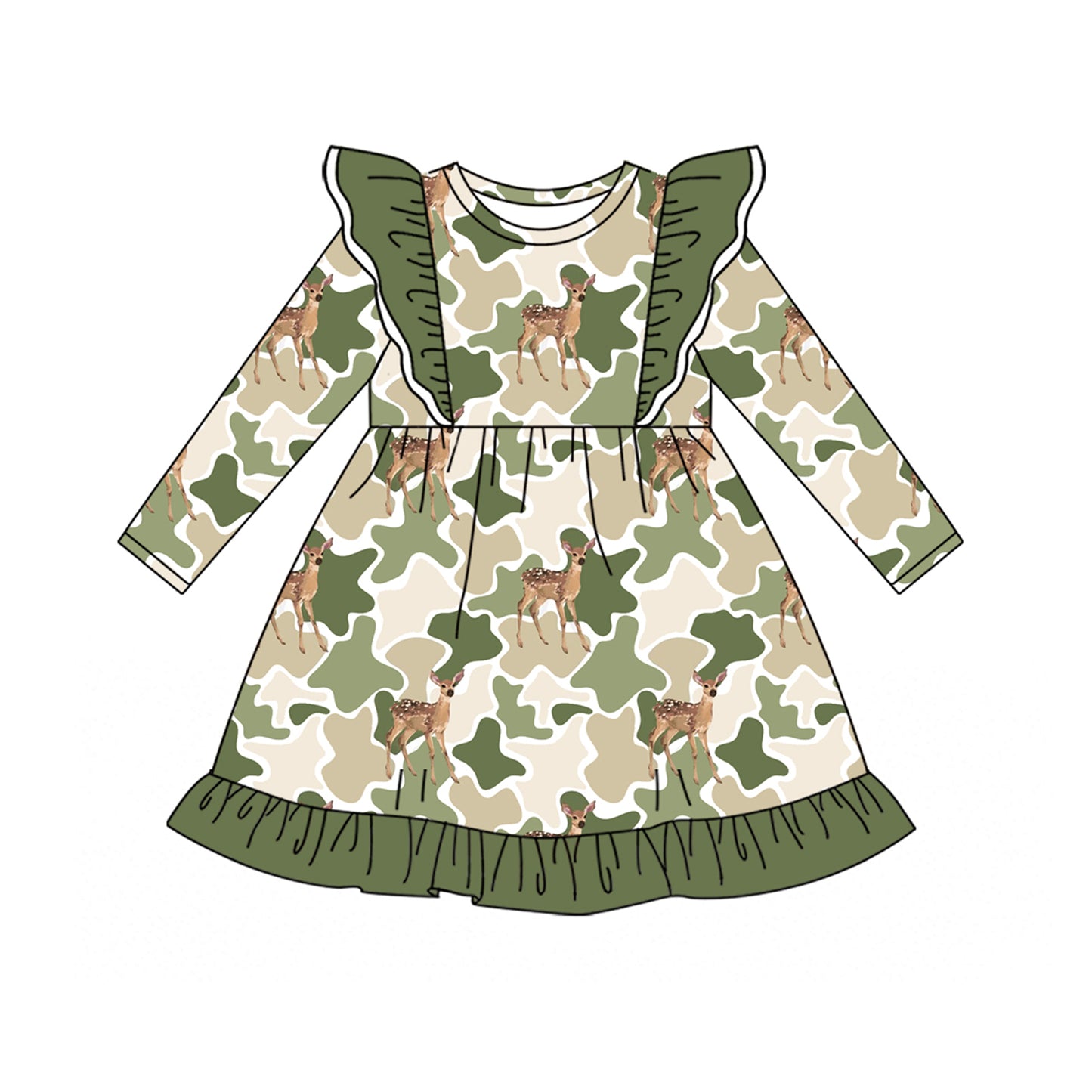 Deer camo print girls long sleeve dress preorder