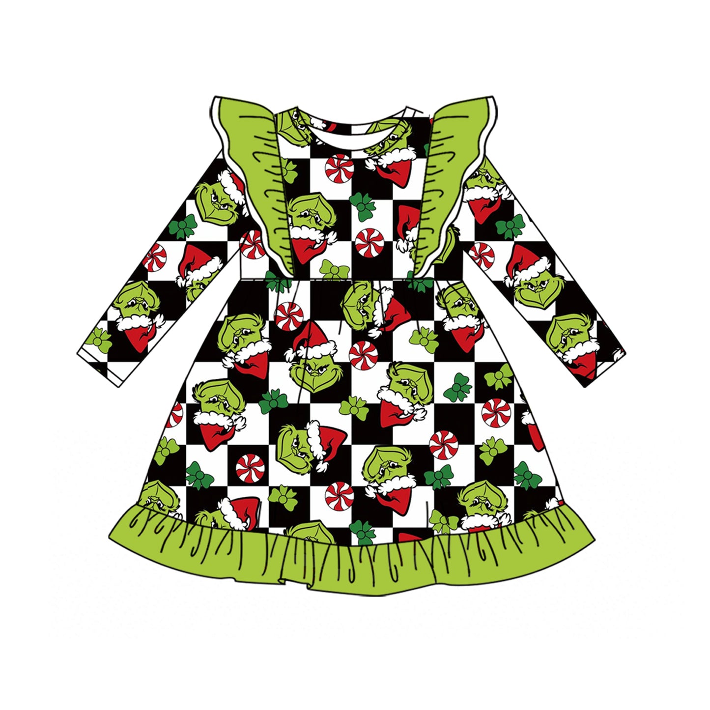 Christmas green face print girls long sleeve dress preorder