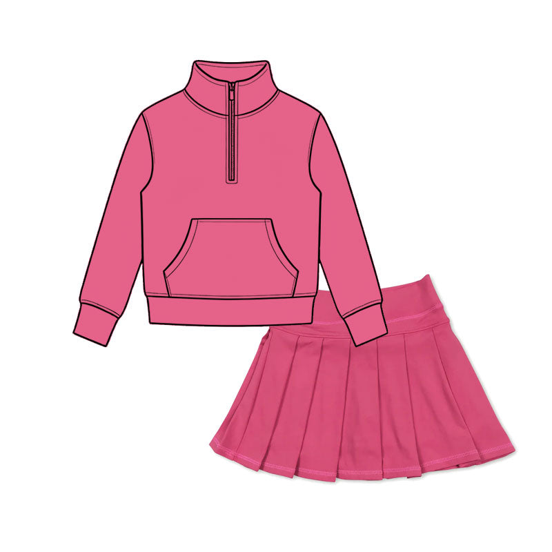 Hot pink long sleeve yoga pullover top matching skorts girls outfit preorder