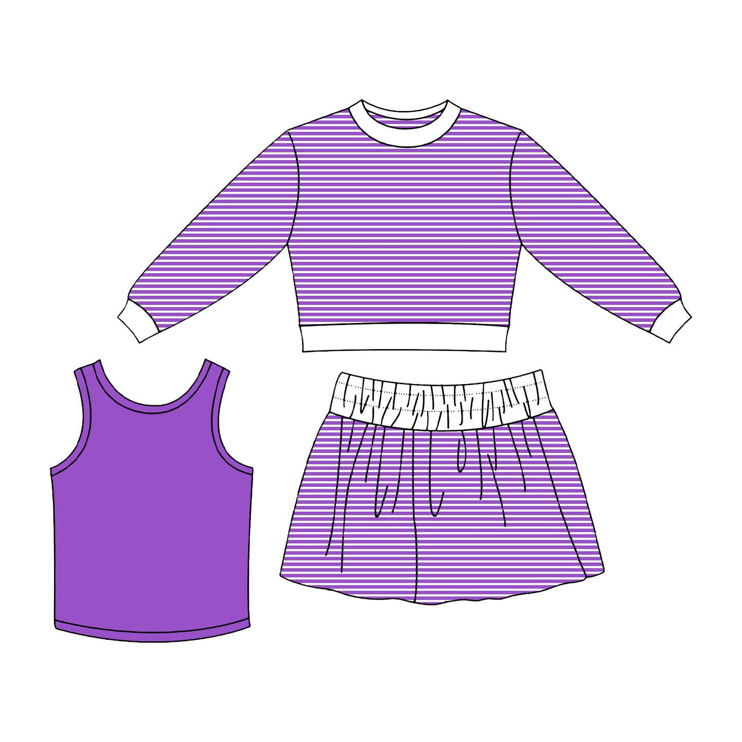 Purple long sleeve yoga top matching skirt tank top 3pcs wholesale girls clothing set preorder