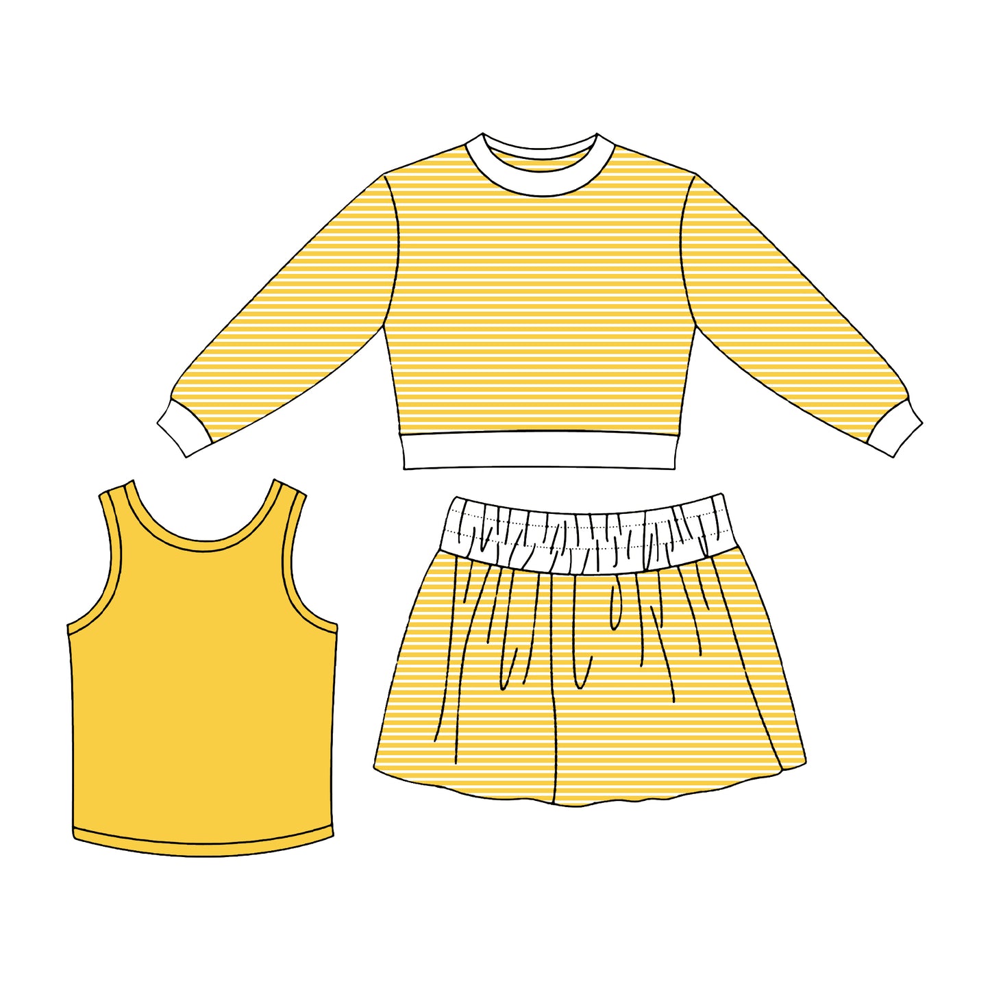 Yellow long sleeve yoga top matching skirt tank top 3pcs wholesale girls clothing set preorder