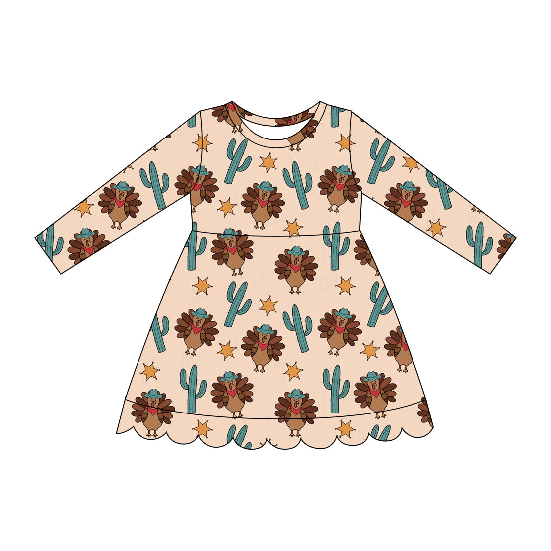 Thanksgiving turkey cactus print girls long sleeve fall winter dress preorder