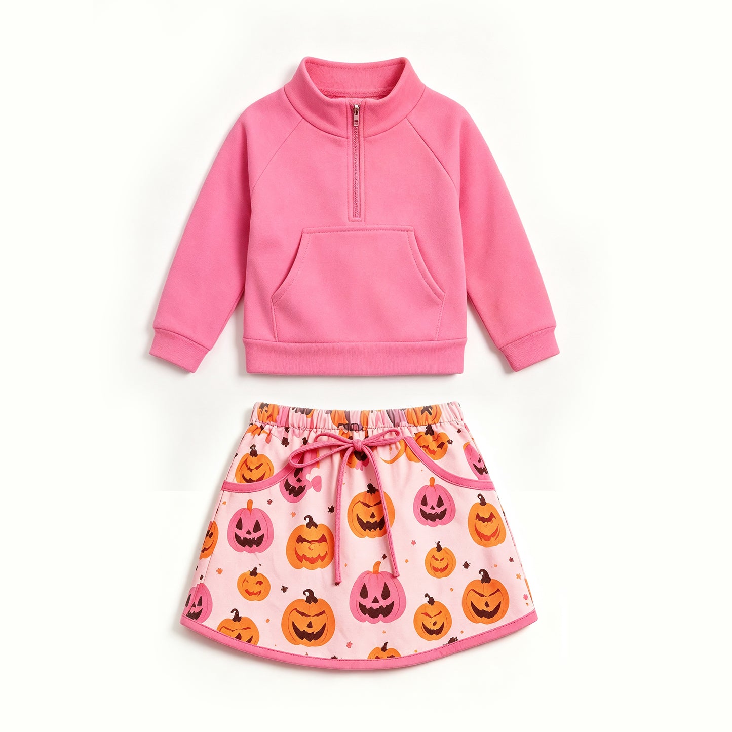 Pink yoga pullover top matching Halloween pumpkins skorts girls outfit preorder