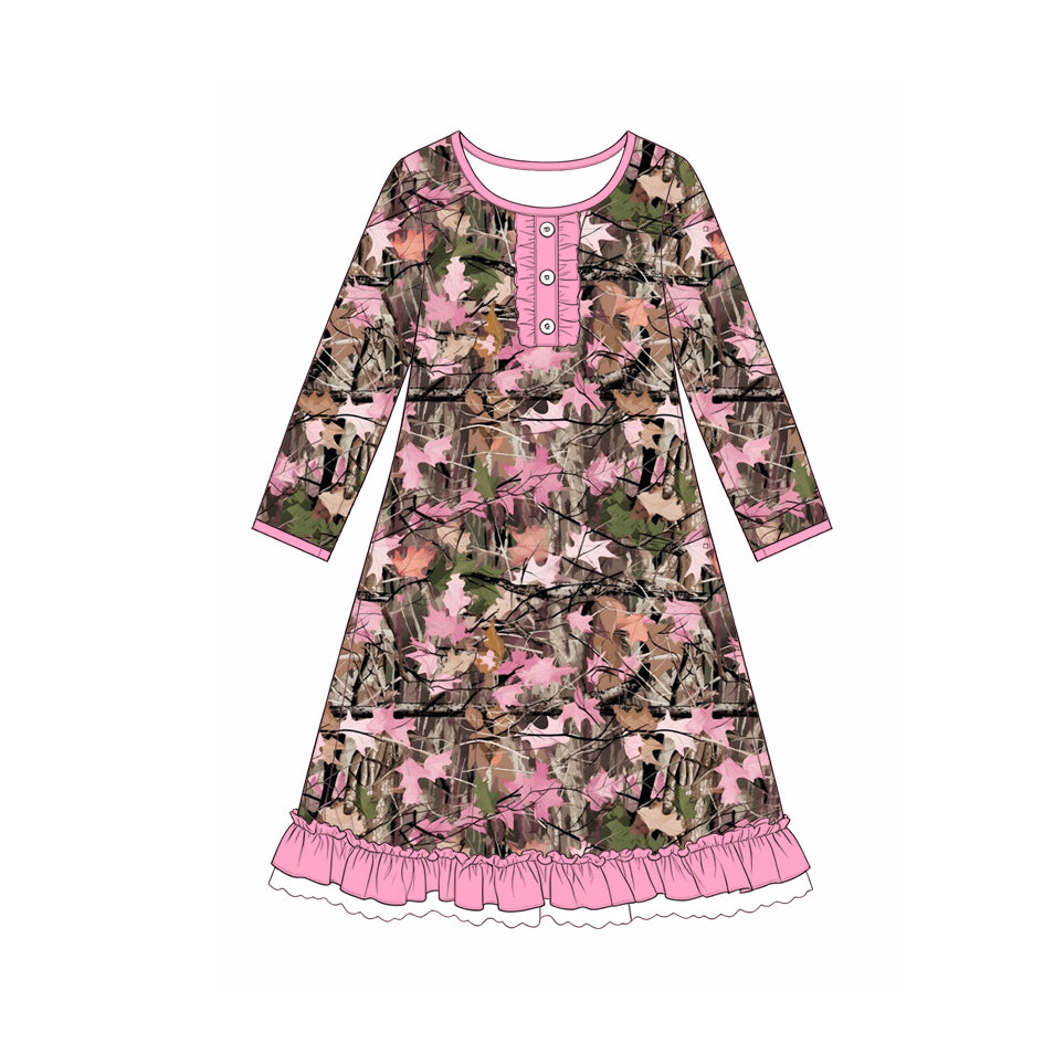 Pink leaves print girls long sleeve fall winter dress preorder