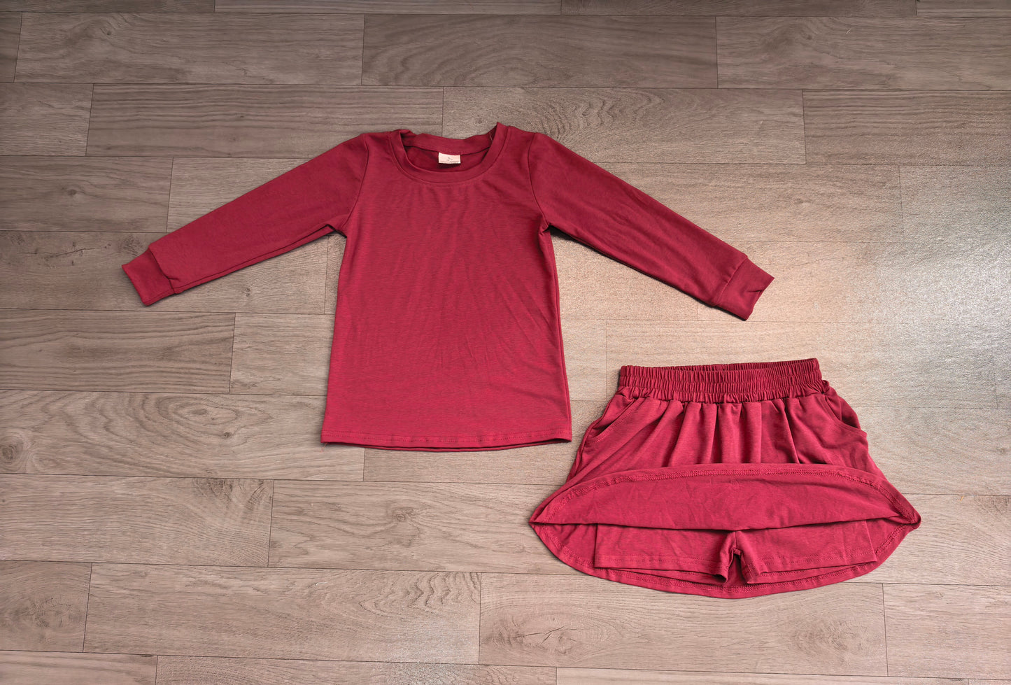 Burgundy long sleeve top matching shorts girls set outfit preorder