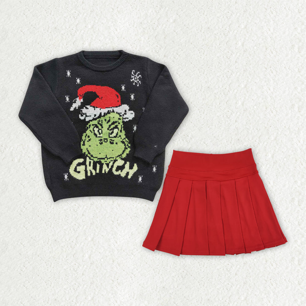 Green face sweater matching red skirt fall winter Christmas clothes outfit