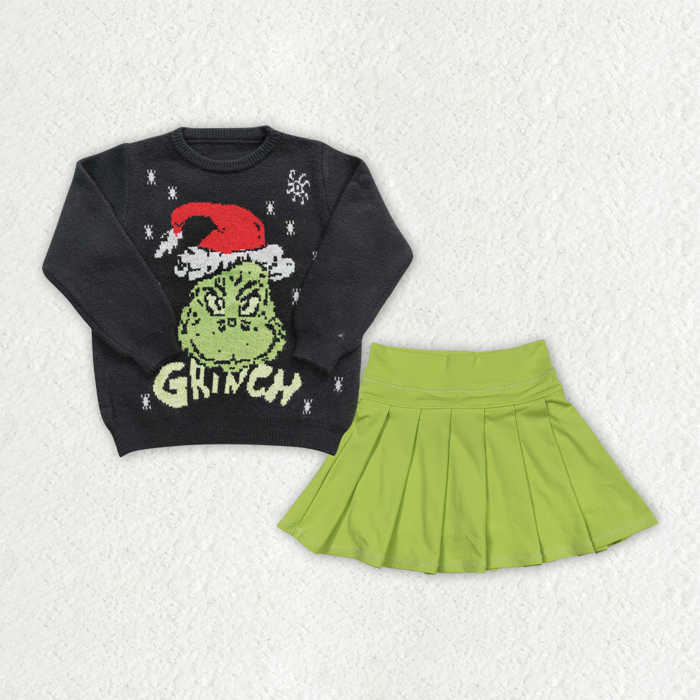 Green face sweater matching green skirt fall winter Christmas clothes outfit